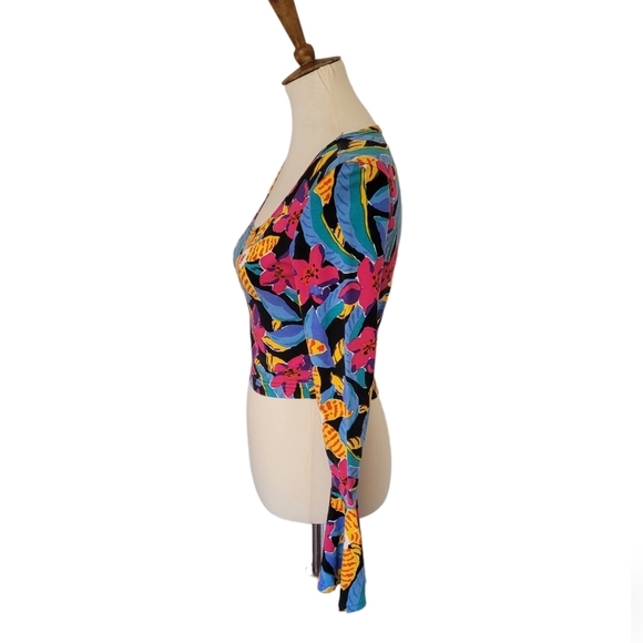 Judy Knapp 80's Mod Floral Crop Flutter  Sleeve Babydoll Top - Picture 4 of 7